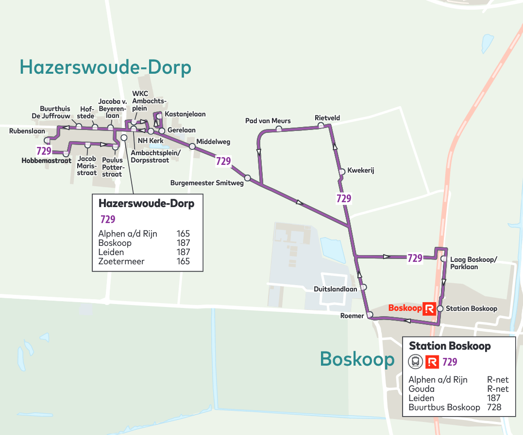 Route Buurtbus Hazerswoude-Dorp Lijn 729 aansluiting Lijn 187 en 728